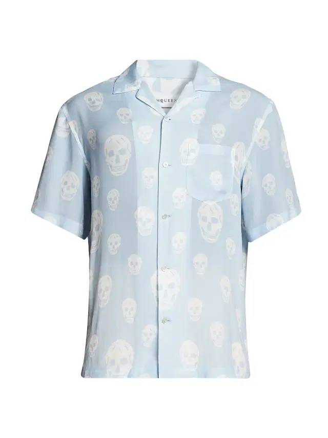 McQueen Men's Skull Camp Shirt - Ice Blue White