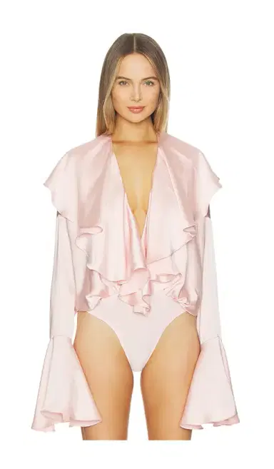 Norma Kamali Long Sleeve Deep V Ruffle Bodysuit | Thumbnail 2 Norma Kamali Long Sleeve Deep V Ruffle Bodysuit | Thumbnail 2