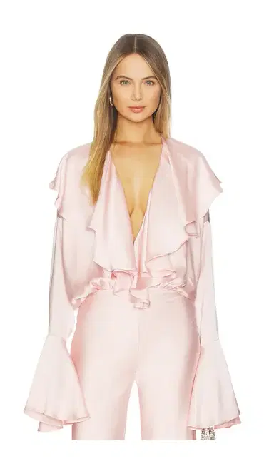 Norma Kamali Long Sleeve Deep V Ruffle Bodysuit | Thumbnail 1 Norma Kamali Long Sleeve Deep V Ruffle Bodysuit | Thumbnail 1