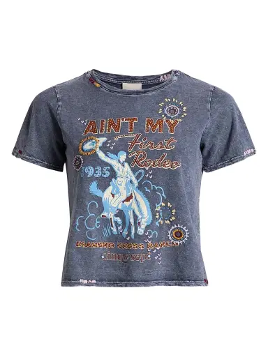 Cinq à Sept Women's Aint My First Rodeo Embellished Shrunken T-Shirt - Navy Multi | Thumbnail 1