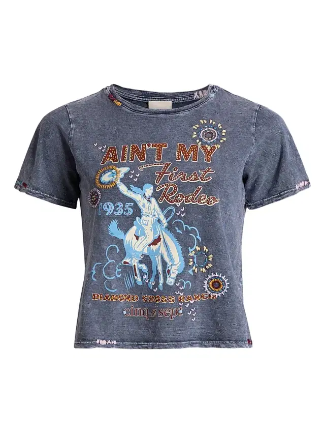 Cinq à Sept Women's Aint My First Rodeo Embellished Shrunken T-Shirt - Navy Multi