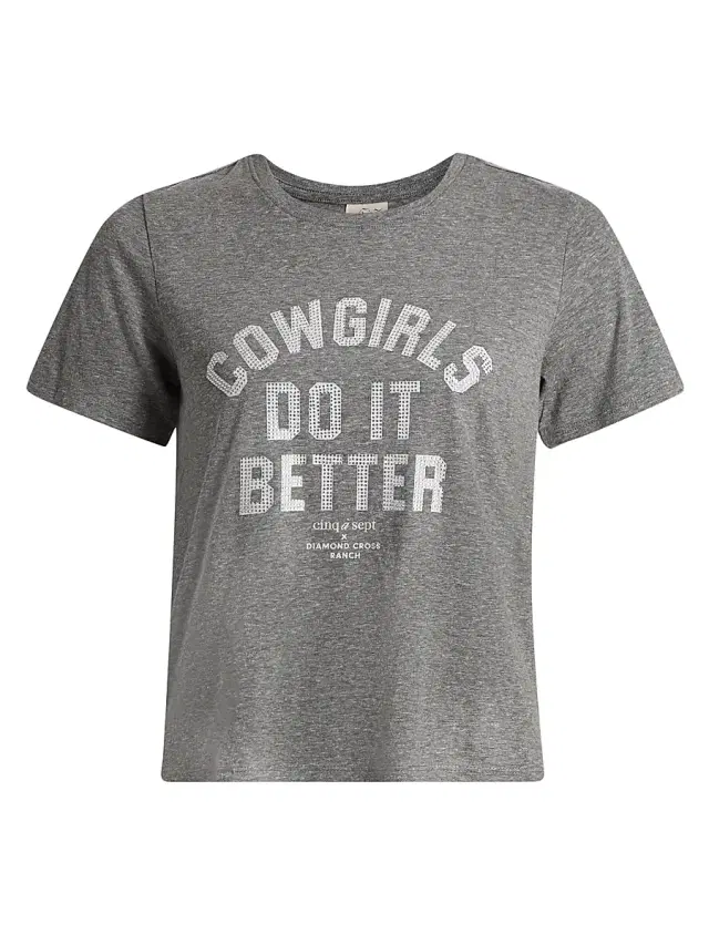 Cinq à Sept Women's Embellished Cowgirls Do It Better Shrunken T-Shirt - Charcoal Heather Grey