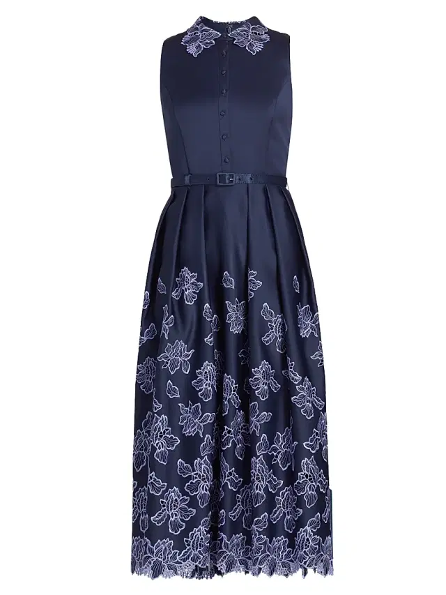 Theia Women's Merisel Floral-Embroiderd Satin Sleeveless Shirtdress - Navy Deep Periwinkle