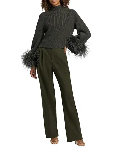 Lapointe Women's Feather-Cuff Mock Turtleneck Wool Sweater - Pine - Size XL | Thumbnail 2