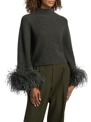 Lapointe Women's Feather-Cuff Mock Turtleneck Wool Sweater - Pine - Size XL | Thumbnail 3