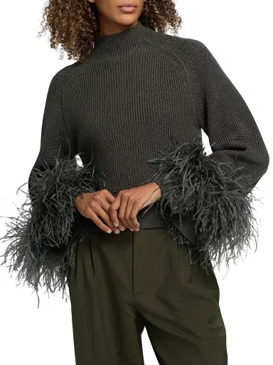 Lapointe Women's Feather-Cuff Mock Turtleneck Wool Sweater - Pine - Size XL | Thumbnail 6