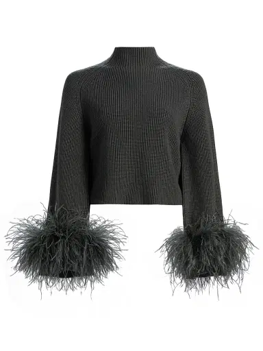 Lapointe Women's Feather-Cuff Mock Turtleneck Wool Sweater - Pine - Size XL | Thumbnail 1