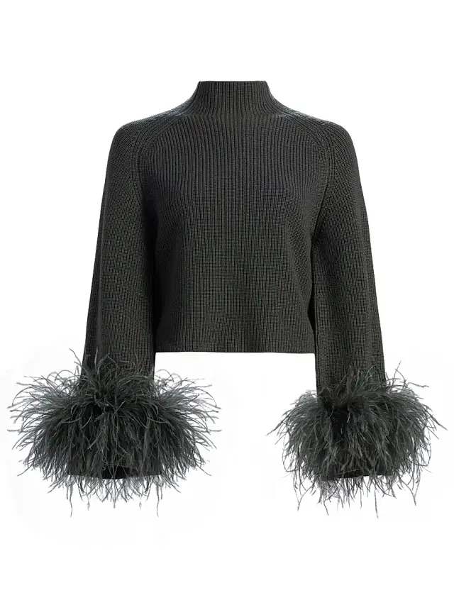 LaPointe Women's Feather-Cuff Mock Turtleneck Wool Sweater - Pine