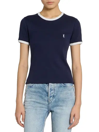 Saint Laurent Women's Cassandre T-Shirt in Ribbed Cotton Jersey - Navy Naturel - Size XS | Thumbnail 3 Saint Laurent Women's Cassandre T-Shirt in Ribbed Cotton Jersey - Navy Naturel - Size XS | Thumbnail 3
