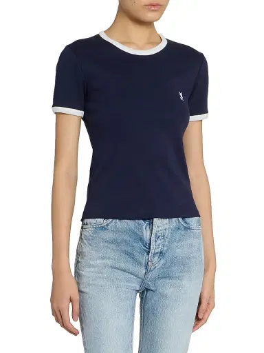 Saint Laurent Women's Cassandre T-Shirt in Ribbed Cotton Jersey - Navy Naturel - Size XS | Thumbnail 4 Saint Laurent Women's Cassandre T-Shirt in Ribbed Cotton Jersey - Navy Naturel - Size XS | Thumbnail 4