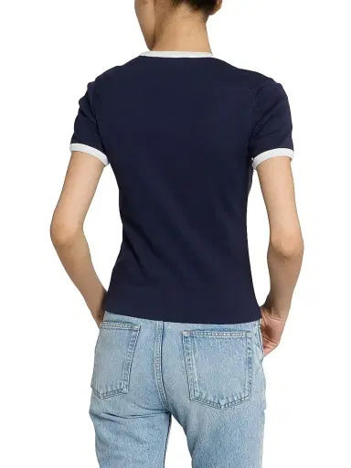 Saint Laurent Women's Cassandre T-Shirt in Ribbed Cotton Jersey - Navy Naturel - Size XS | Thumbnail 5 Saint Laurent Women's Cassandre T-Shirt in Ribbed Cotton Jersey - Navy Naturel - Size XS | Thumbnail 5