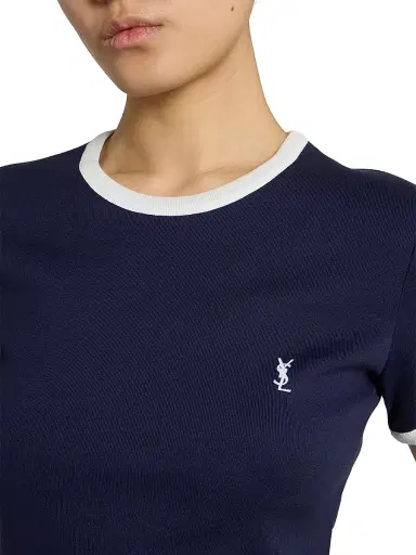 Saint Laurent Women's Cassandre T-Shirt in Ribbed Cotton Jersey - Navy Naturel - Size XS | Thumbnail 6 Saint Laurent Women's Cassandre T-Shirt in Ribbed Cotton Jersey - Navy Naturel - Size XS | Thumbnail 6