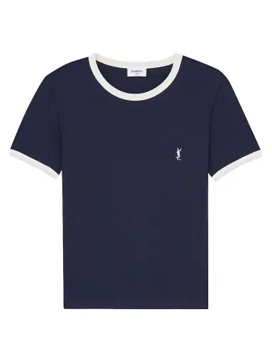 Saint Laurent Women's Cassandre T-Shirt in Ribbed Cotton Jersey - Navy Naturel - Size XS | Thumbnail 1 Saint Laurent Women's Cassandre T-Shirt in Ribbed Cotton Jersey - Navy Naturel - Size XS | Thumbnail 1
