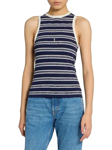 Saint Laurent Women's Cassandre Tank Top in Striped Cotton Jersey - Navy Ecru | Thumbnail 3 Saint Laurent Women's Cassandre Tank Top in Striped Cotton Jersey - Navy Ecru | Thumbnail 3