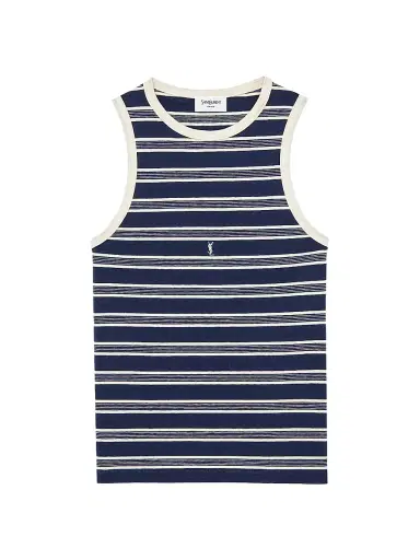 Saint Laurent Women's Cassandre Tank Top in Striped Cotton Jersey - Navy Ecru | Thumbnail 1 Saint Laurent Women's Cassandre Tank Top in Striped Cotton Jersey - Navy Ecru | Thumbnail 1