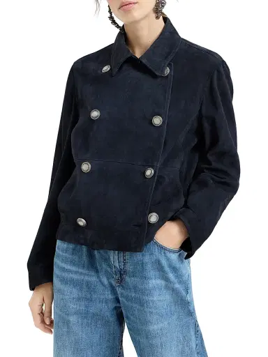 Brunello Cucinelli Women's Couture Suede Cropped Pea Coat with Monili - Blue - Size 2 | Thumbnail 2 Brunello Cucinelli Women's Couture Suede Cropped Pea Coat with Monili - Blue - Size 2 | Thumbnail 2