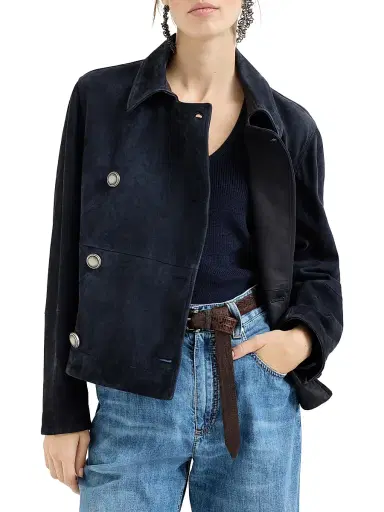 Brunello Cucinelli Women's Couture Suede Cropped Pea Coat with Monili - Blue - Size 2 | Thumbnail 5 Brunello Cucinelli Women's Couture Suede Cropped Pea Coat with Monili - Blue - Size 2 | Thumbnail 5