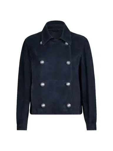 Brunello Cucinelli Women's Couture Suede Cropped Pea Coat with Monili - Blue - Size 2 | Thumbnail 1 Brunello Cucinelli Women's Couture Suede Cropped Pea Coat with Monili - Blue - Size 2 | Thumbnail 1