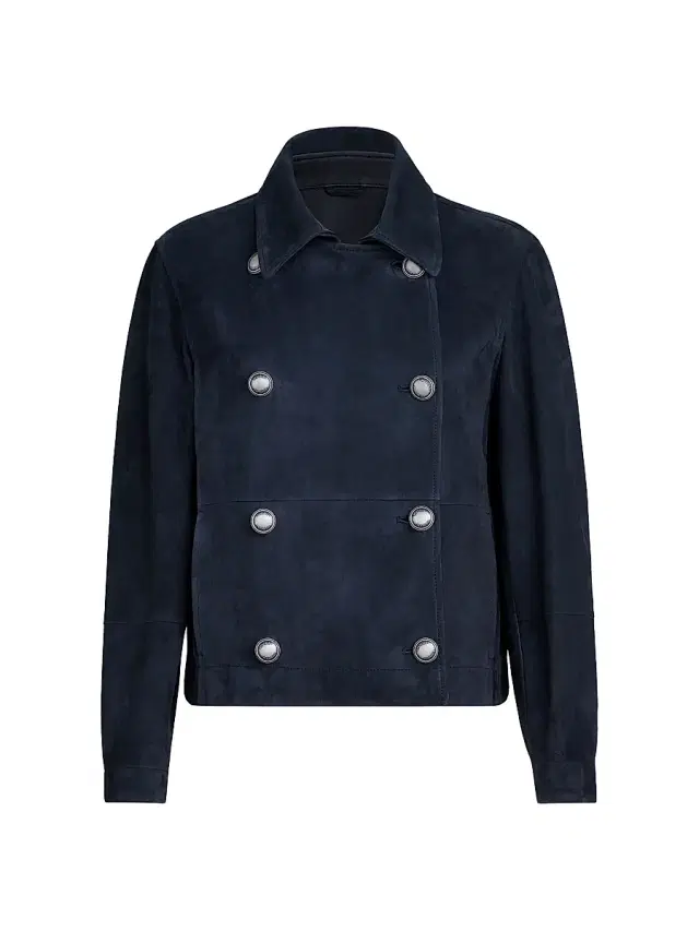 Brunello Cucinelli Women's Couture Suede Cropped Pea Coat with Monili - Blue