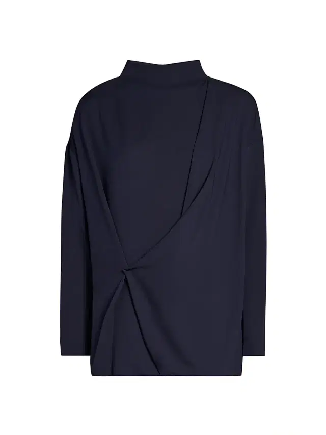 Women's Draped Silk Blouse - Solid Medium Blue
