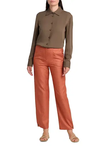 Giorgio Armani Women's Silk-Wool Straight-Leg Trousers - Solid Dark Orange - Size 12 | Thumbnail 2