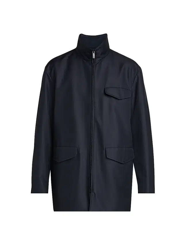 Giorgio Armani Men's Stand-Collar Silk-Blend Peacoat - Solid Blue