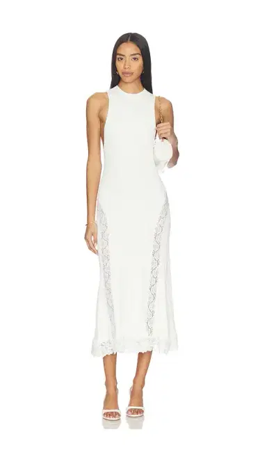 Self-Portrait White Knit Lace Insert Midi Dress | Thumbnail 2 Self-Portrait White Knit Lace Insert Midi Dress | Thumbnail 2