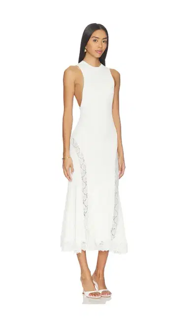 Self-Portrait White Knit Lace Insert Midi Dress | Thumbnail 1 Self-Portrait White Knit Lace Insert Midi Dress | Thumbnail 1