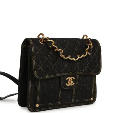 Chanel Chanel Double You Flap Backpack Black Denim Antique Gold Hardware | Thumbnail 2