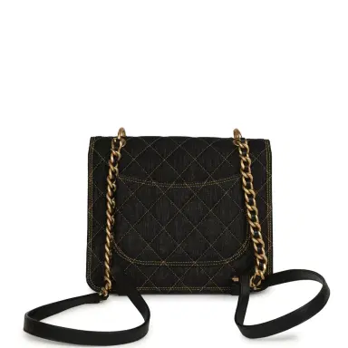 Chanel Chanel Double You Flap Backpack Black Denim Antique Gold Hardware | Thumbnail 4