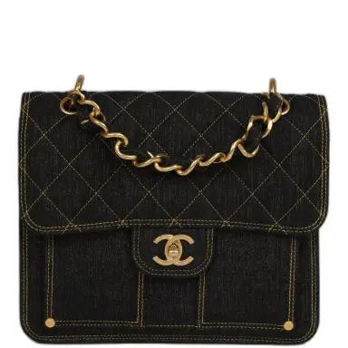 Chanel Chanel Double You Flap Backpack Black Denim Antique Gold Hardware | Thumbnail 1