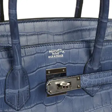 HERMÈS Pre-owned Hermes Birkin 35 Bleu Brighton Matte Porosus Crocodile Palladium Hardware | Thumbnail 7 HERMÈS Pre-owned Hermes Birkin 35 Bleu Brighton Matte Porosus Crocodile Palladium Hardware | Thumbnail 7