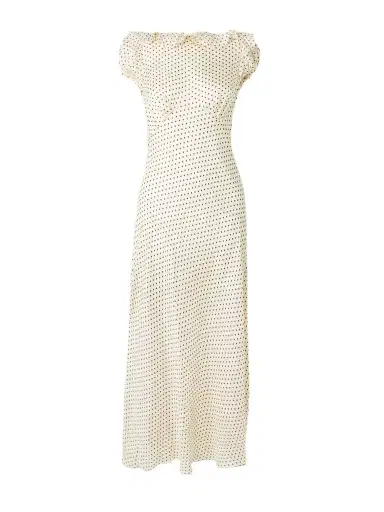 DÔEN Emerence Ruffled Polka-dot Silk-blend Twill Midi Dress | Thumbnail 1 DÔEN Emerence Ruffled Polka-dot Silk-blend Twill Midi Dress | Thumbnail 1