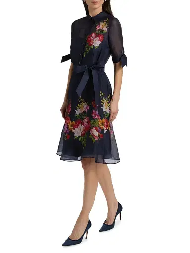 Teri Jon by Rickie Freeman Women's Floral Linen-Silk Knee-Length Shirtdress - Navy Multi - Size 18 | Thumbnail 2
