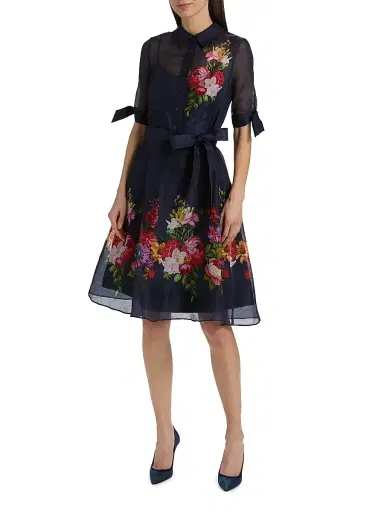 Teri Jon by Rickie Freeman Women's Floral Linen-Silk Knee-Length Shirtdress - Navy Multi - Size 18 | Thumbnail 3
