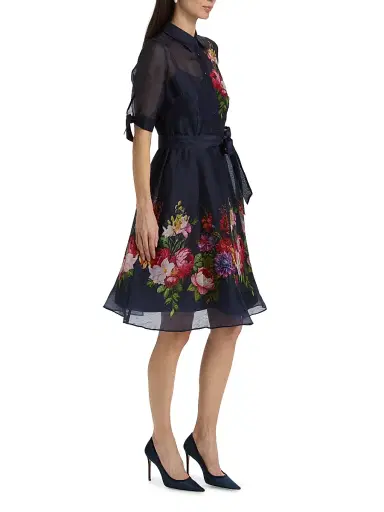 Teri Jon by Rickie Freeman Women's Floral Linen-Silk Knee-Length Shirtdress - Navy Multi - Size 18 | Thumbnail 4
