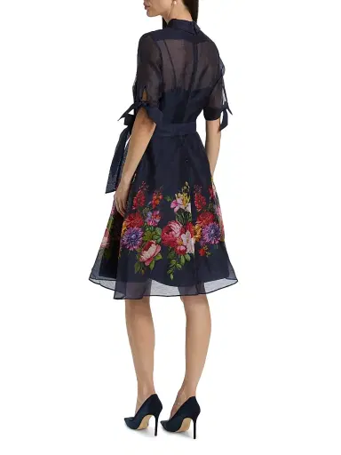 Teri Jon by Rickie Freeman Women's Floral Linen-Silk Knee-Length Shirtdress - Navy Multi - Size 18 | Thumbnail 5