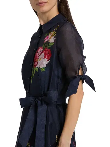 Teri Jon by Rickie Freeman Women's Floral Linen-Silk Knee-Length Shirtdress - Navy Multi - Size 18 | Thumbnail 6