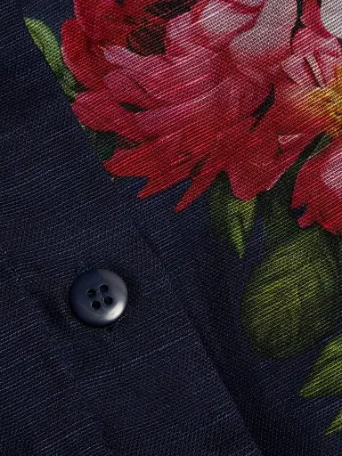 Teri Jon by Rickie Freeman Women's Floral Linen-Silk Knee-Length Shirtdress - Navy Multi - Size 18 | Thumbnail 7