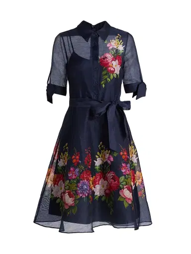 Teri Jon by Rickie Freeman Women's Floral Linen-Silk Knee-Length Shirtdress - Navy Multi - Size 18 | Thumbnail 1