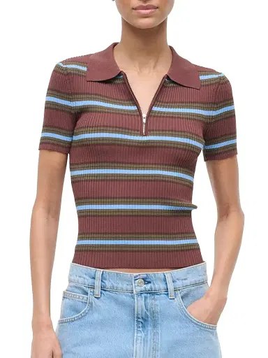 Staud Women's Ren Striped Half-Zip Polo Sweater | Thumbnail 3 Staud Women's Ren Striped Half-Zip Polo Sweater | Thumbnail 3