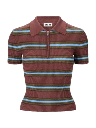Staud Women's Ren Striped Half-Zip Polo Sweater | Thumbnail 1 Staud Women's Ren Striped Half-Zip Polo Sweater | Thumbnail 1