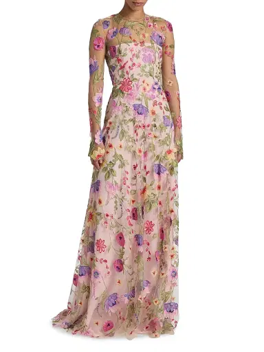 Naeem Khan Women's Floral-Embroidered Gown - Pink And Multi - Size 2 | Thumbnail 3 Naeem Khan Women's Floral-Embroidered Gown - Pink And Multi - Size 2 | Thumbnail 3