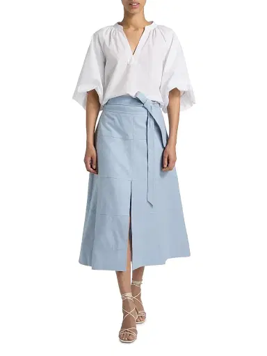 TANYA TAYLOR Women's Hudson Linen-Blend Midi-Skirt - Powder Blue - Size 00 | Thumbnail 2