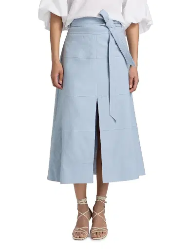 TANYA TAYLOR Women's Hudson Linen-Blend Midi-Skirt - Powder Blue - Size 00 | Thumbnail 3