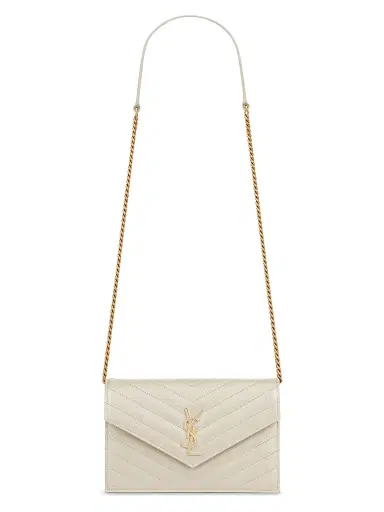 Saint Laurent Women's Cassandre Envelope Chain Wallet in Grain De Poudre Leather | Thumbnail 1 Saint Laurent Women's Cassandre Envelope Chain Wallet in Grain De Poudre Leather | Thumbnail 1