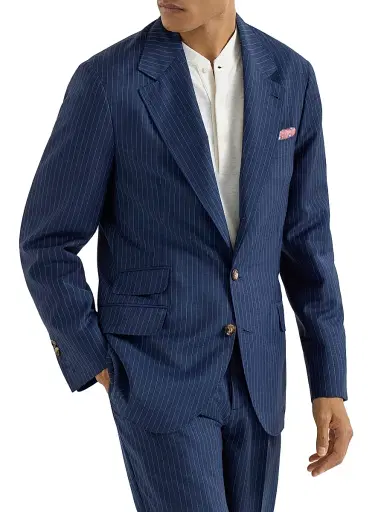 Brunello Cucinelli Men's Wool and Mohair Pinstripe Fresco Deconstructed Cavallo Blazer - Blue - Size 48 | Thumbnail 2