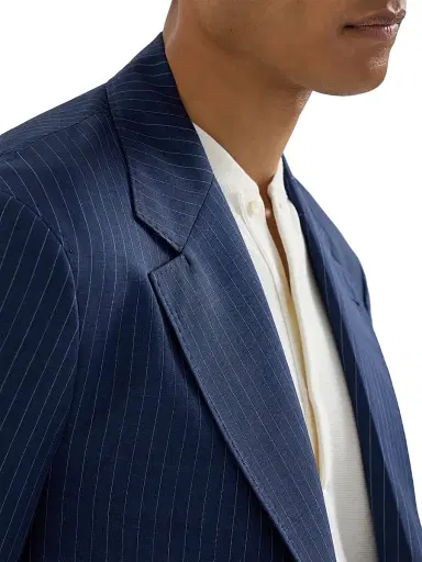 Brunello Cucinelli Men's Wool and Mohair Pinstripe Fresco Deconstructed Cavallo Blazer - Blue - Size 48 | Thumbnail 4