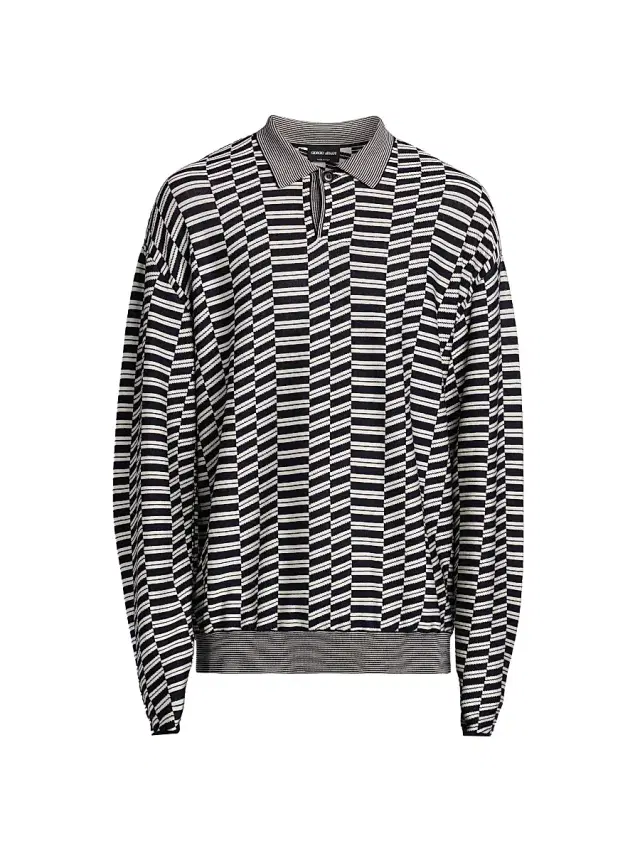 Giorgio Armani Men's Geometric-Print Virgin Wool-Blend Polo Sweater - Solid Medieval