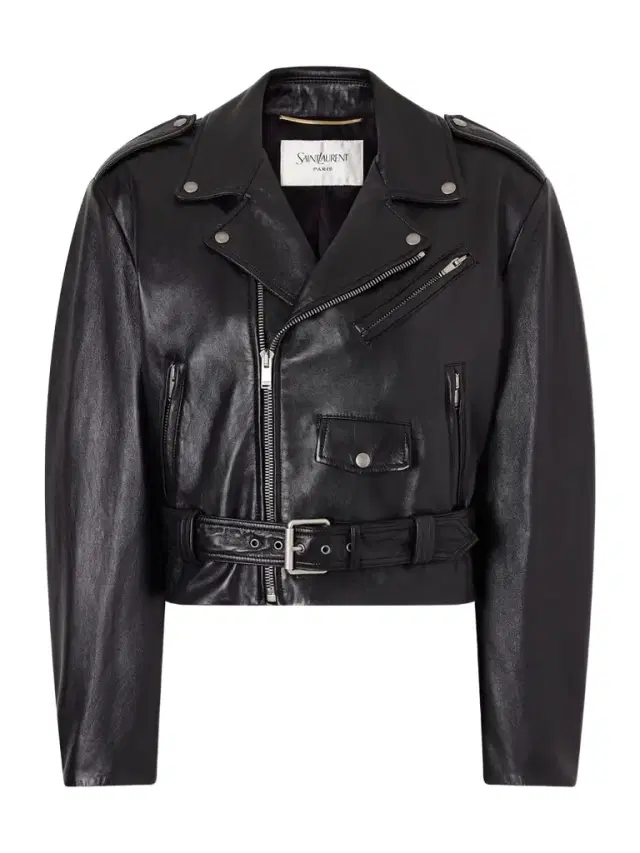 Glossed Textured-leather Biker Jacket